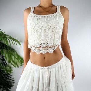 Vintage White Floral Crochet Cottagecore Boho Cropped Coquette Lace Tank Top /M